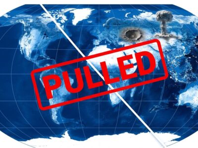 Conceptual split-screen showing authentic satellite imagery on the left dissolving into AI-generated disinformation chaos on the right, with a PULLED stamp overlay