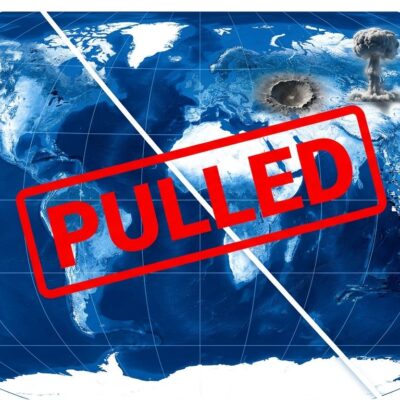 Conceptual split-screen showing authentic satellite imagery on the left dissolving into AI-generated disinformation chaos on the right, with a PULLED stamp overlay