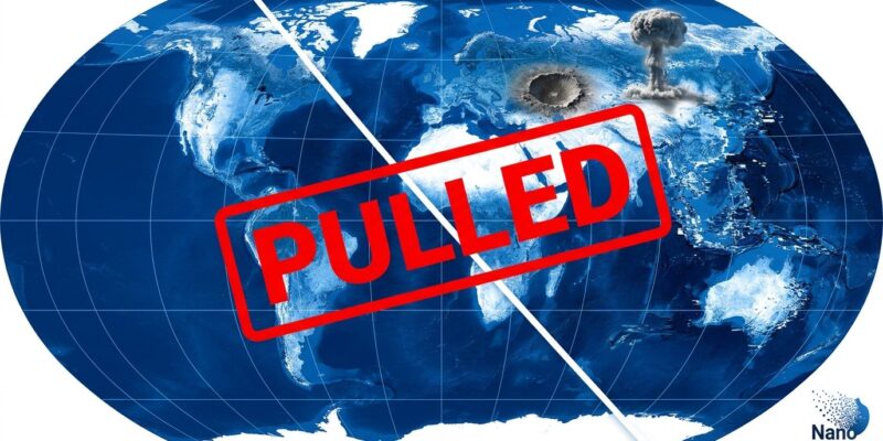 Conceptual split-screen showing authentic satellite imagery on the left dissolving into AI-generated disinformation chaos on the right, with a PULLED stamp overlay