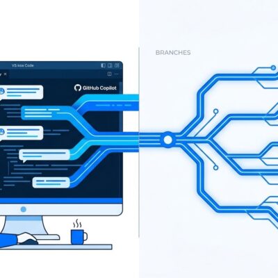 GitHub Copilot parallel agent sessions with worktree isolation illustrated in blue and white