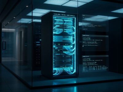 Claude Code self-hosted runner inside a secure data center with blue network cables
