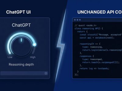 Split-screen showing ChatGPT reasoning slider versus unchanged API terminal, representing the GPT-5.6 Sol retune