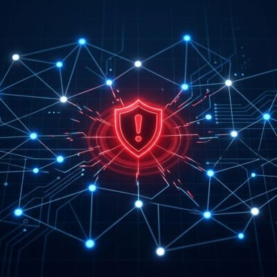 Network graph of AI agent nodes with a red security warning shield, representing the Paperclip AI CVSS 10.0 remote code execution vulnerability