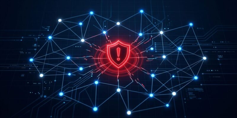 Network graph of AI agent nodes with a red security warning shield, representing the Paperclip AI CVSS 10.0 remote code execution vulnerability