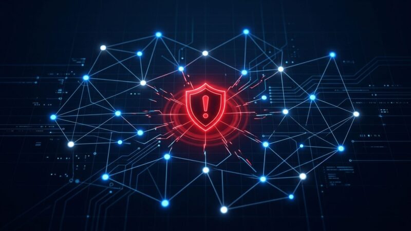 Network graph of AI agent nodes with a red security warning shield, representing the Paperclip AI CVSS 10.0 remote code execution vulnerability