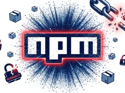 npm logo with particle dispersion and broken chain links representing the ChainDrop supply chain worm attack