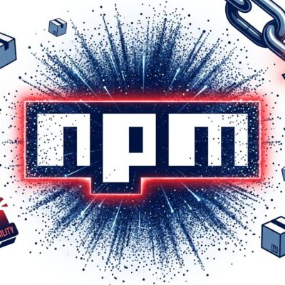 npm logo with particle dispersion and broken chain links representing the ChainDrop supply chain worm attack