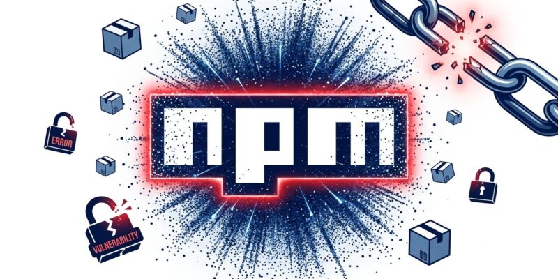 npm logo with particle dispersion and broken chain links representing the ChainDrop supply chain worm attack