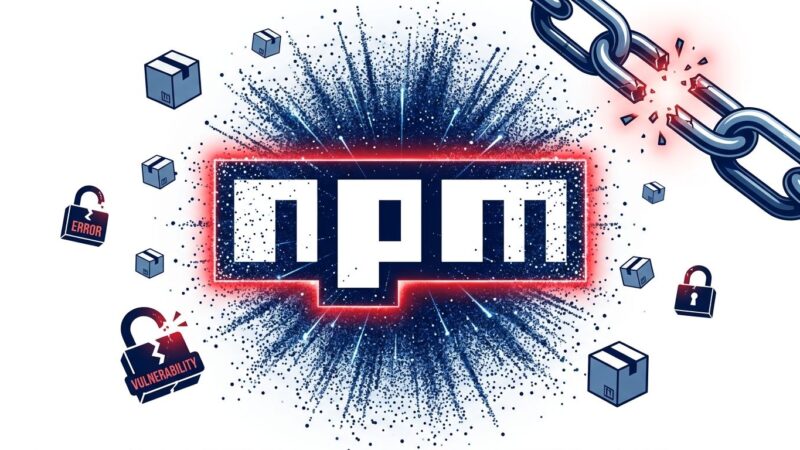 npm logo with particle dispersion and broken chain links representing the ChainDrop supply chain worm attack