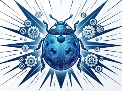 Ladybird browser logo as metallic blue tech icon with Rust gear symbols, representing the browser engine rewrite and alpha milestone