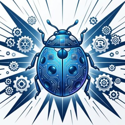 Ladybird browser logo as metallic blue tech icon with Rust gear symbols, representing the browser engine rewrite and alpha milestone