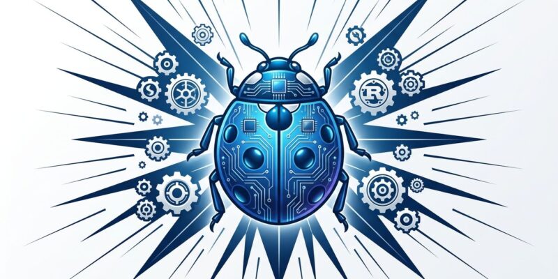 Ladybird browser logo as metallic blue tech icon with Rust gear symbols, representing the browser engine rewrite and alpha milestone