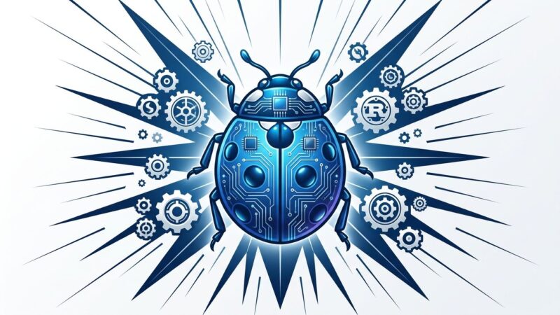 Ladybird browser logo as metallic blue tech icon with Rust gear symbols, representing the browser engine rewrite and alpha milestone