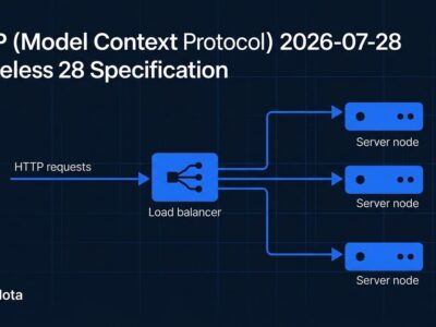 MCP 2026-07-28 stateless specification network diagram showing load balancer routing requests to multiple server nodes