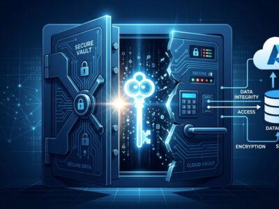 Azure Cosmos DB vault with cracking open door revealing a master key, representing the CosmosEscape vulnerability