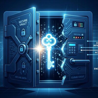 Azure Cosmos DB vault with cracking open door revealing a master key, representing the CosmosEscape vulnerability