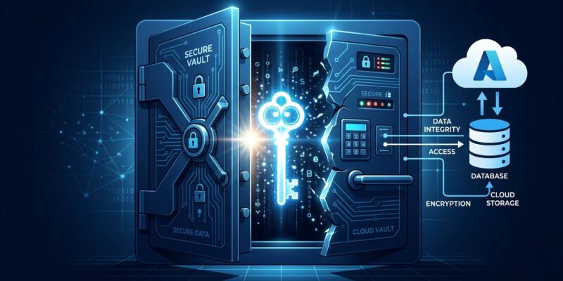 Azure Cosmos DB vault with cracking open door revealing a master key, representing the CosmosEscape vulnerability