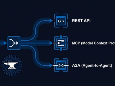 Anvil JS framework diagram showing a single Node.js route serving REST, MCP, and A2A protocols simultaneously