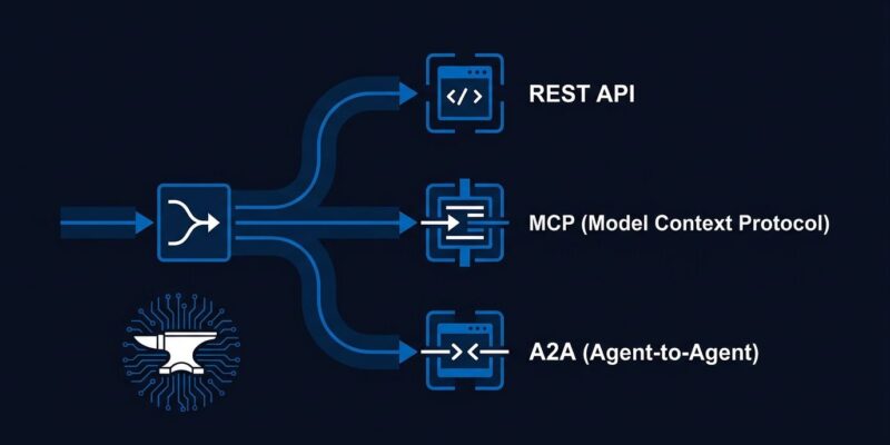 Anvil JS framework diagram showing a single Node.js route serving REST, MCP, and A2A protocols simultaneously