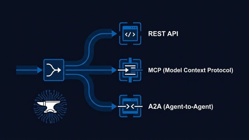 Anvil JS framework diagram showing a single Node.js route serving REST, MCP, and A2A protocols simultaneously