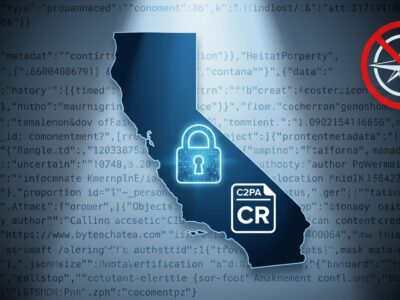 California state silhouette with C2PA content credentials badge showing AI watermarking compliance requirements