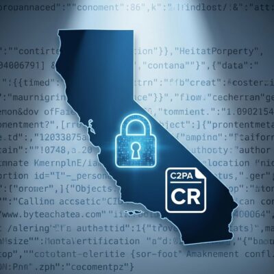 California state silhouette with C2PA content credentials badge showing AI watermarking compliance requirements