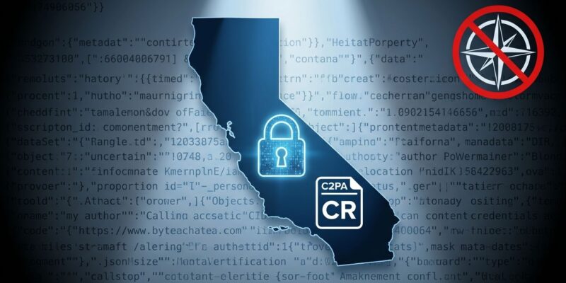 California state silhouette with C2PA content credentials badge showing AI watermarking compliance requirements