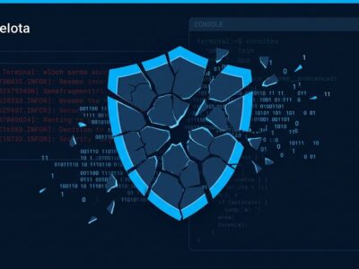 Broken shield icon representing failed AI-generated security patches, with CVE identifiers and code fragments on dark blue background
