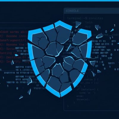 Broken shield icon representing failed AI-generated security patches, with CVE identifiers and code fragments on dark blue background
