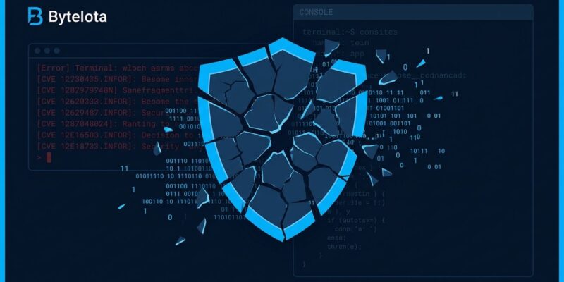 Broken shield icon representing failed AI-generated security patches, with CVE identifiers and code fragments on dark blue background