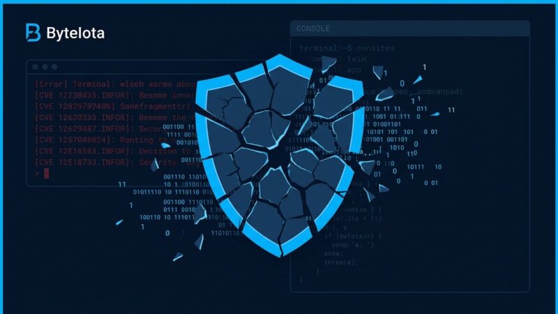 Broken shield icon representing failed AI-generated security patches, with CVE identifiers and code fragments on dark blue background