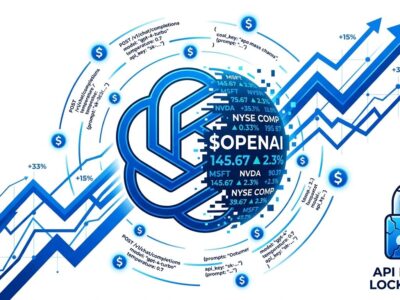Bold conceptual design showing OpenAI logo with stock ticker and financial chart lines representing IPO developer pricing impact