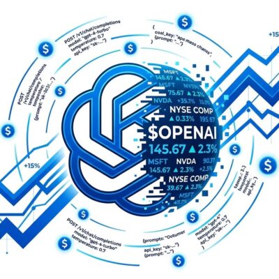 Bold conceptual design showing OpenAI logo with stock ticker and financial chart lines representing IPO developer pricing impact