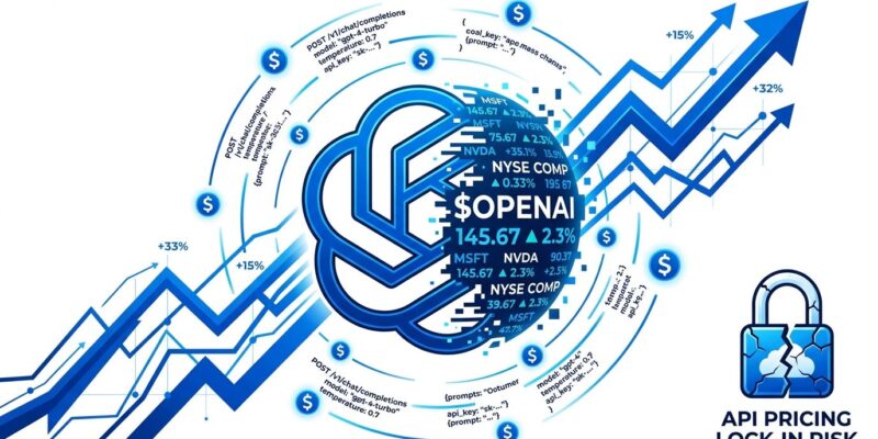 Bold conceptual design showing OpenAI logo with stock ticker and financial chart lines representing IPO developer pricing impact