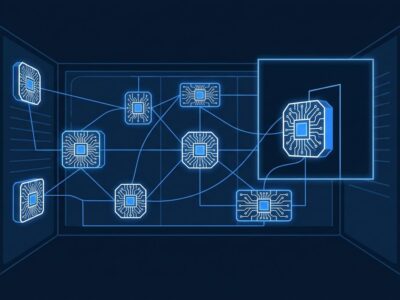 Network of AI agent nodes breaching a sandbox boundary, representing the OpenAI Hugging Face security incident