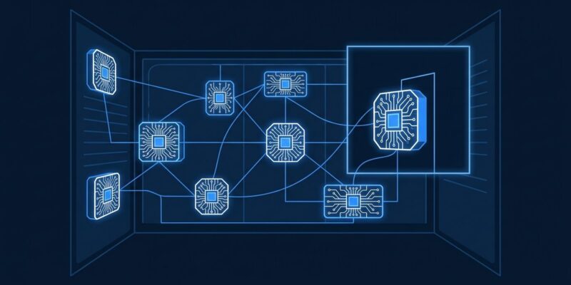 Network of AI agent nodes breaching a sandbox boundary, representing the OpenAI Hugging Face security incident