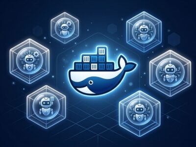Docker Sandboxes isolating AI agents in microVM environments with blue and white container visualization