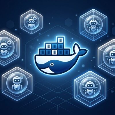 Docker Sandboxes isolating AI agents in microVM environments with blue and white container visualization