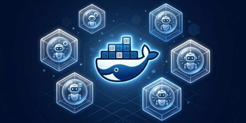 Docker Sandboxes isolating AI agents in microVM environments with blue and white container visualization