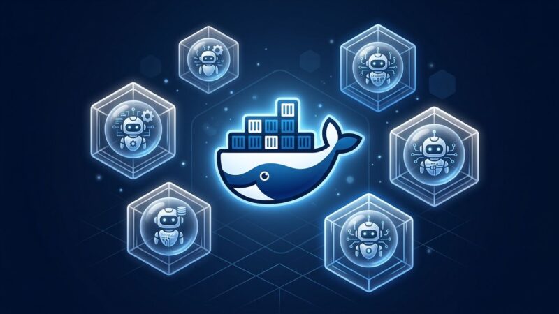 Docker Sandboxes isolating AI agents in microVM environments with blue and white container visualization