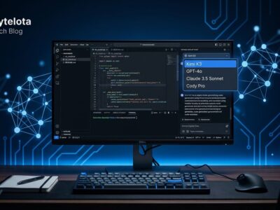 VS Code with GitHub Copilot model picker showing Kimi K3 selected, with blue circuit patterns in background