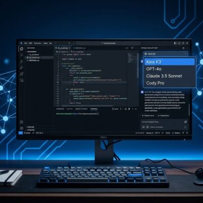 VS Code with GitHub Copilot model picker showing Kimi K3 selected, with blue circuit patterns in background