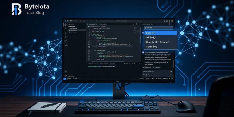 VS Code with GitHub Copilot model picker showing Kimi K3 selected, with blue circuit patterns in background