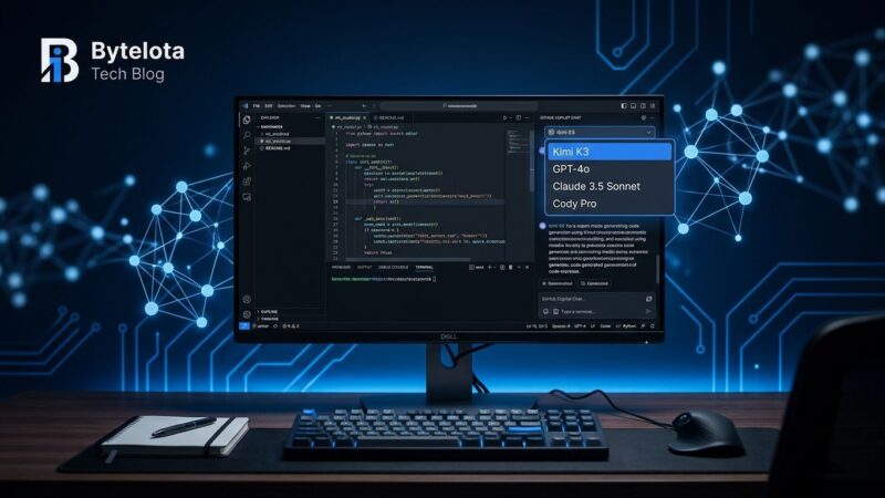 VS Code with GitHub Copilot model picker showing Kimi K3 selected, with blue circuit patterns in background
