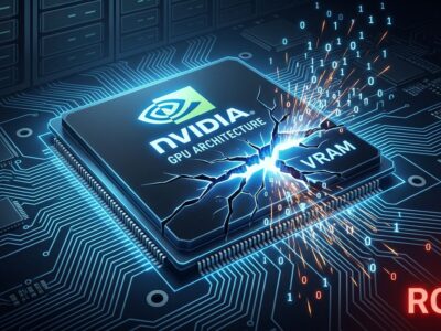 NVIDIA GPU chip with shattered crack representing GPUBreach Rowhammer memory vulnerability
