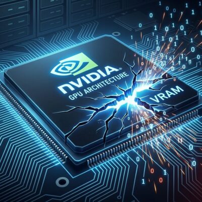 NVIDIA GPU chip with shattered crack representing GPUBreach Rowhammer memory vulnerability