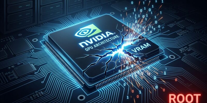 NVIDIA GPU chip with shattered crack representing GPUBreach Rowhammer memory vulnerability