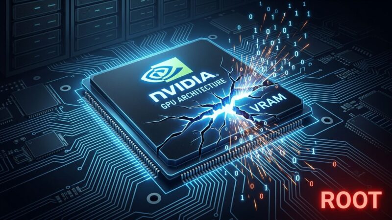 NVIDIA GPU chip with shattered crack representing GPUBreach Rowhammer memory vulnerability