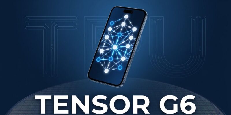 Google Pixel 11 smartphone with Tensor G6 chip neural network visualization representing on-device AI inference