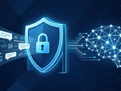 Blue security shield checkpoint intercepting AI prompts before they reach Claude - inference hooks DLP illustration